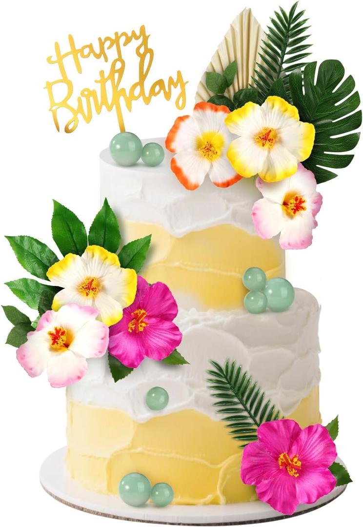 25pcs Hawaiian Tropical Cake Toppers, Summer Cake Topper Decorations with Flowers Leaves Balls Paper-Fan for Summertime Cupcake Decorations for Birthday Wedding Outdoor Theme Party