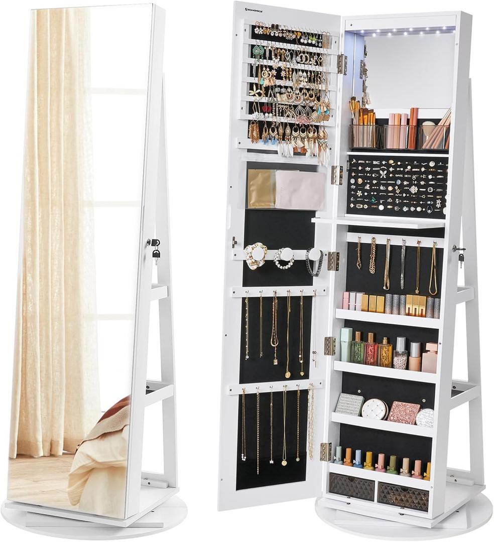 SONGMICS 6 LEDs Lockable Mirror Jewelry Cabinet, 360 Swivel Jewelry Organizer Armoire Standing, Frameless Full-Length Mirror, 3 Storage Shelves, White Surface, Black Lining UJJC007W01