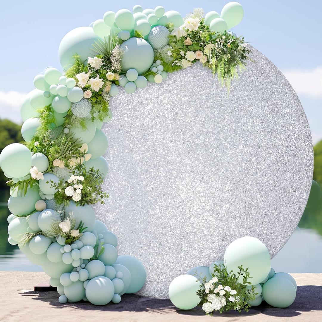 7.2FT Silver Sequins Round Backdrop Cover - Sparkly Glitter Design, Adjustable for 5-7.2ft Round Arch Stands, Fitted Circle Balloon Arch Cover for Wedding Birthday Party Baby Shower Photography Decor