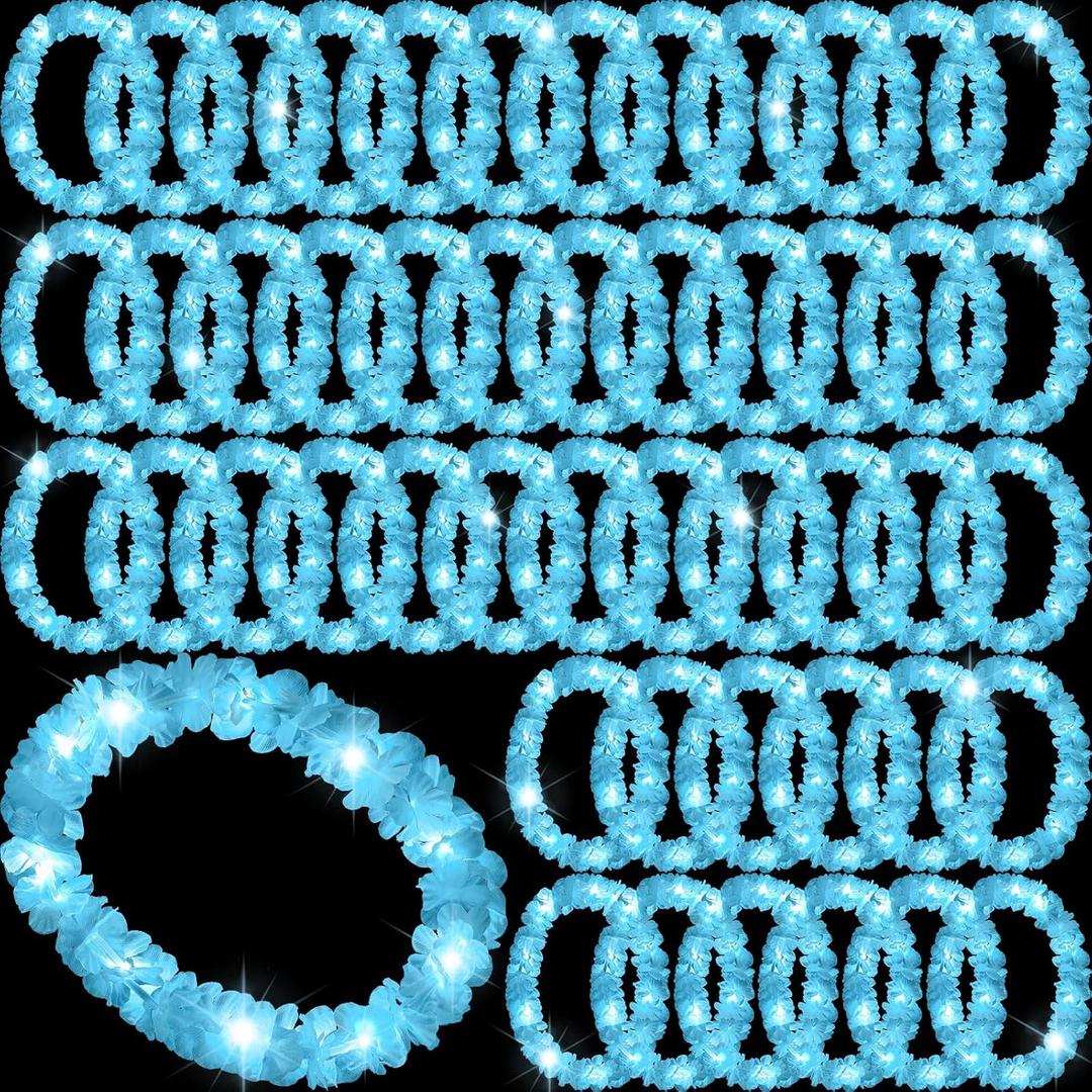 Sherr 48 Pcs LED Hawaiian Leis Light up Flower Leis Necklace with LED Lights Luau Flowers Necklaces for Masquerade Beach Wedding Tropical Themed Party Supplies(Baby Blue)