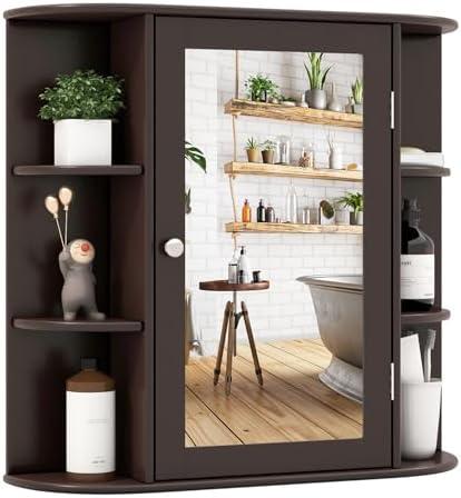 Tangkula Bathroom Medicine Cabinet with Mirror, Wall Mounted Bathroom Storage Cabinet with Mirror Door & 6 Open Shelves, Adjustable Shelves, Mirror Cabinet, Bathroom Wall Cabinet with Mirror (Coffee) Tangkula Bathroom Medicine Cabinet with Mirror, Wall Mounted Bathroom Storage Cabinet with Mirror Door & 6 Open Shelves, Adjustable Shelves, Mirror Cabinet, Bathroom Wall Cabinet with Mirror (Coffee)