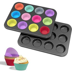 WIBIMEN Muffin Pan with 24 Silicone Cupcake Baking Cups - Non-stick Regular Size Cupcake Pan - Reusable Muffin Tin Baking Pans Set for Making Muffin Cakes, Tart, Bread(Set of 2: 12-Cup Regular)