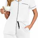 Veseacky Women's Summer Cool 100% Cotton Short Sleeve Pajama Set Button Down Shorts with Drawstring & Pockets (White,XL)