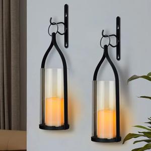 Metal Wall Sconce Candle Lantern Set of 2 - Black Wall Mounted Hanging Holder with Glass & Candles Vintage Wall Decor for Porch, Living Room, Dining Room, Bedroom Indoor Decor, One Glass