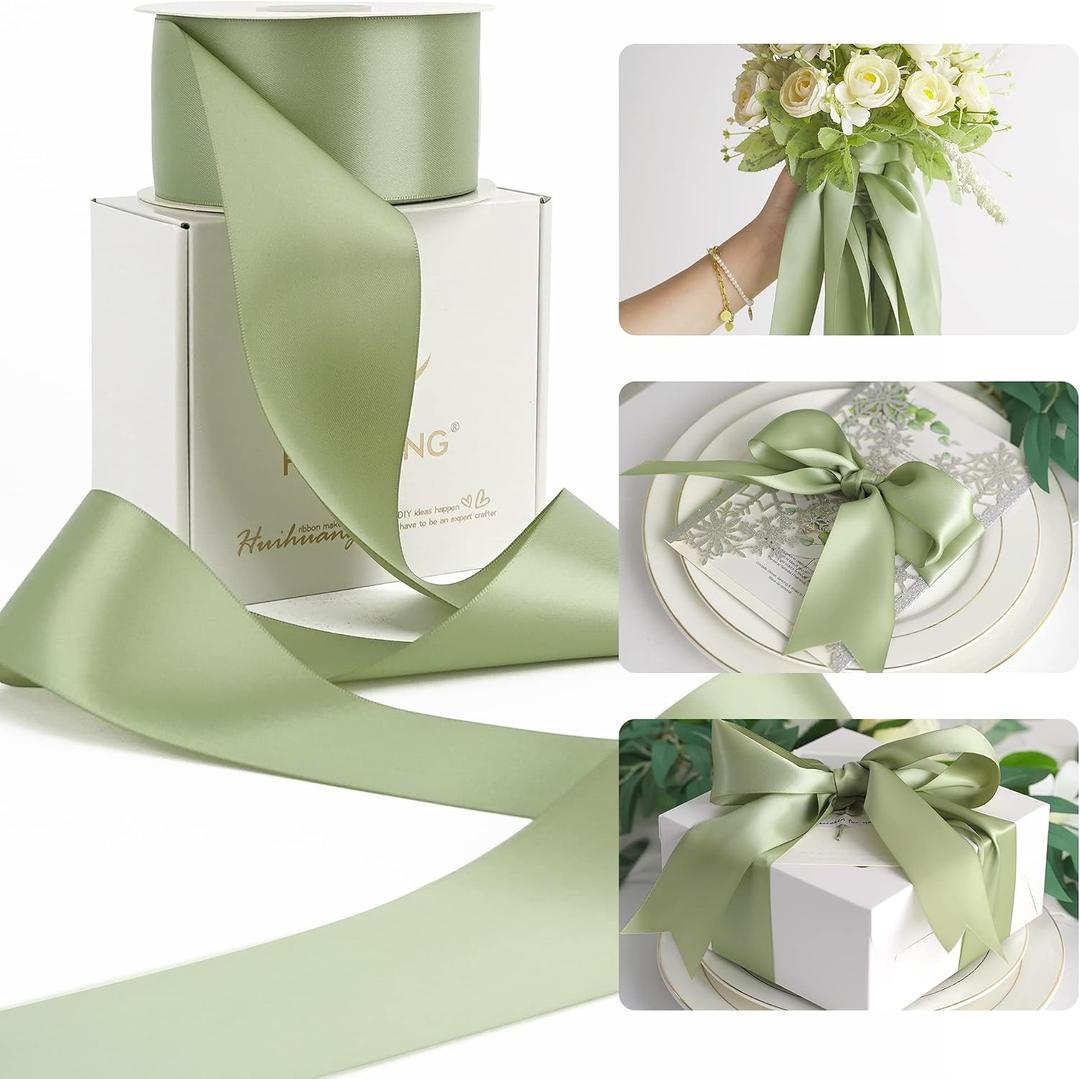 HUIHUANG Sage Green Ribbon 2 inch Double Face Green Satin Ribbon for Flower Bouquet Wrap, Dusty Sage Silk Satin Ribbons for Wedding Invitations, Gift Wrapping, Home Decor, Hair Bows -25 Yards