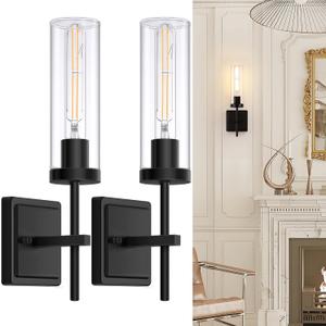 Wall Sconces Set of Two, Matte Black Bathroom Sconces Wall Lighting with Clear Glass, Modern Sconces Wall Decor Set of 2 Hardwired Vanity Light fixtures for Mirror Living Room Hallway Bedroom