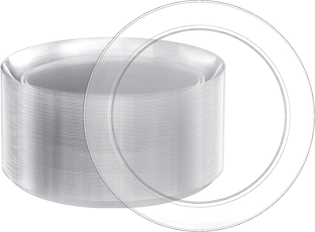 FOCUSLINE 100 Count Clear Plastic Plates 10 Inch, Disposable Dinner Plates Heavy Duty- Premium Clear Hard Plastic for Weddings, Parties and Events