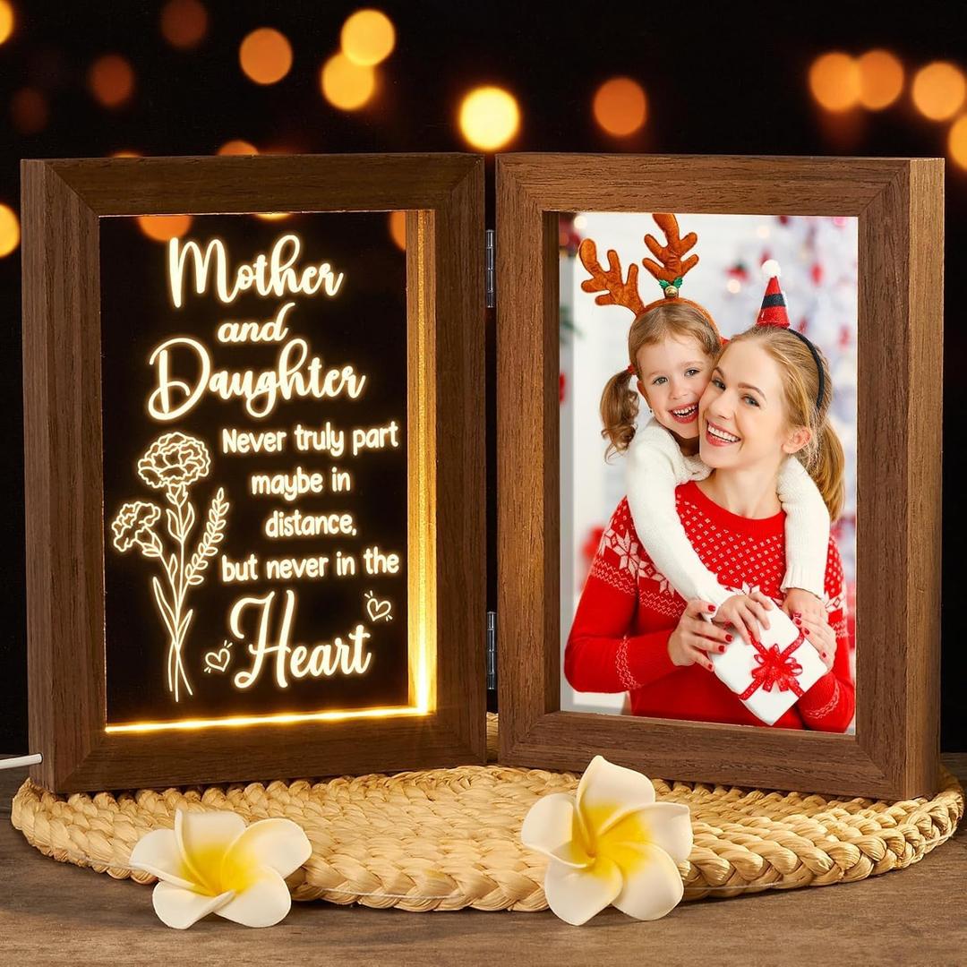 2 x Christmas Gifts for Mom from Daughter Son Kids, Mom Gifts Engraved Night Light with 5x7 Mother Picture Frame Solid Wood, New Mama Gift Mommy Son Picture Frame Mother-in-Law Birthday Gift for Mama