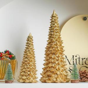Gold Christmas Tree Figurines, 2Pcs Resin Christmas Tree for Tabletop Decoration, Small Christmas Trees Set, Decorative Xmas Trees for Christmas Mantel Indoor Home Decor