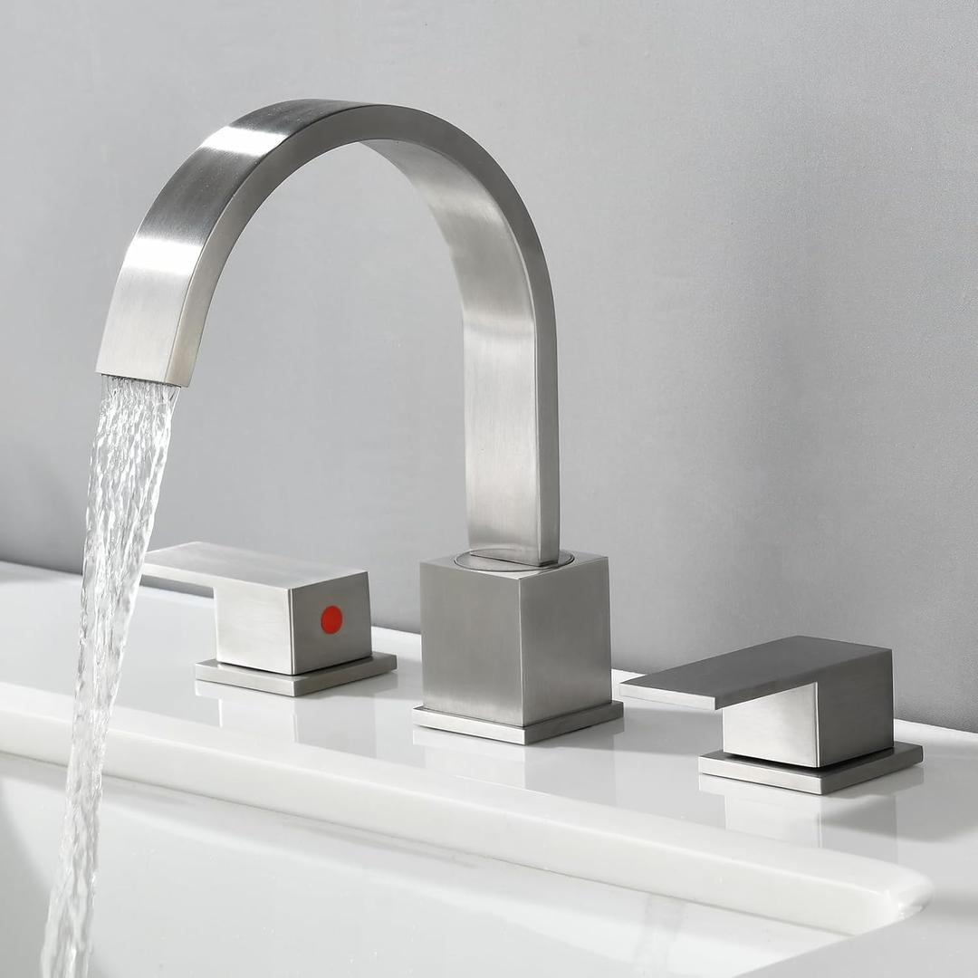 Widespread 8 Inch Brushed Nickel Bathroom Sink Faucet, Waterfall Nickel Stainless Steel Bathroom Faucet for Sink 3 Hole, Vanity Lavatory Sink Faucets with Drain & Water Hoses