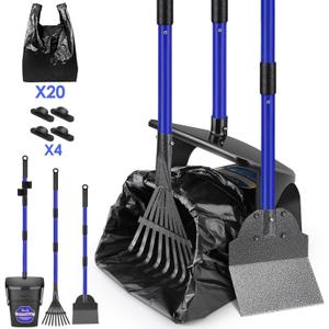 Lukovee Dog Pooper Scooper, 37.4" Long Adjustable Metal Handle Swivel Bin & Rake & Spade Kit with 20 Poop Bags, Portable Dog Non-Breakable Poop Scooper for Gravel Yard Lawn Grass, Blue