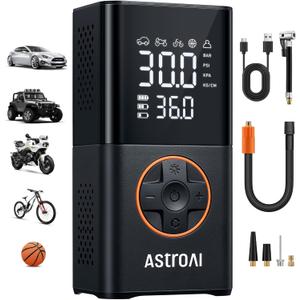 AstroAI L7 Tire Inflator Portable Air Compressor Cordless Mini Bike Pump with Digital Dual Values Display, 150 PSI Car Tires Air Pump with LED Lights&Pressure Gauge for Auto, Motorcycles, Bikes, Balls (Orange)