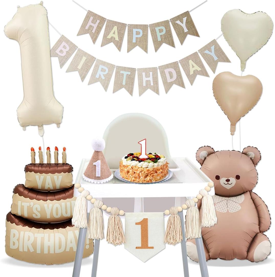 1st Birthday Decorations Boho 1st Birthday Highchair Banner for Baby Boy Girl First Birthdays Decoration Handmade Tassel Garland 1st Birthdays Balloons 40 Inch Giant 1 Balloon Bear Balloon Hat Banner