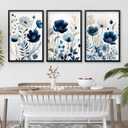 DUWQU 3 Pcs Blue Floral Canvas Wall Art, Wood Framed Navy Blue Wildflower Lily Daisy Wall Decor, Watercolor Botanical Flower Home Poster Art Prints for Living Room Bedroom Bathroom 16×24 Inches