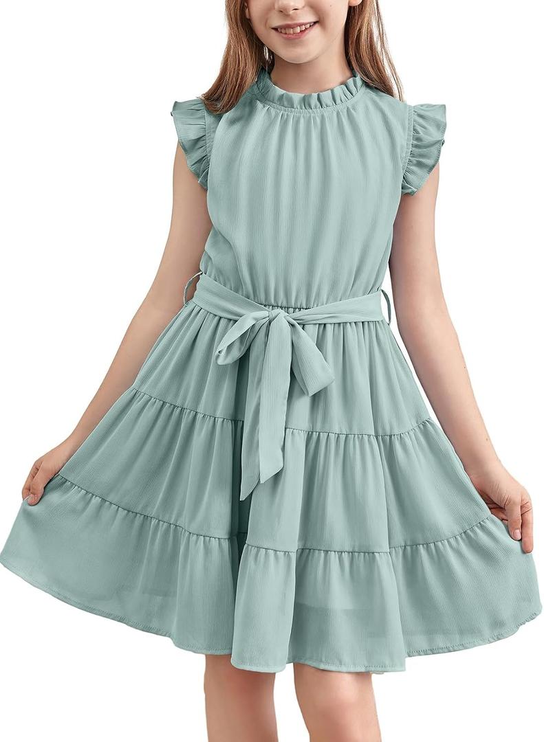 blibean Tween Girls Elegant Dresses Kids Summer Ruffle Sleeve Dress Size 4-15 Years Old (Green, M)