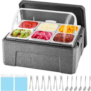 Insulated Cold Food Buffet Ice Serving Tray with Lid Insulation Box 6 Pans 2 Ice Packs Cooled Condiment Serving Container Ice Platter Food Cooler For Parties Buffets Fruit