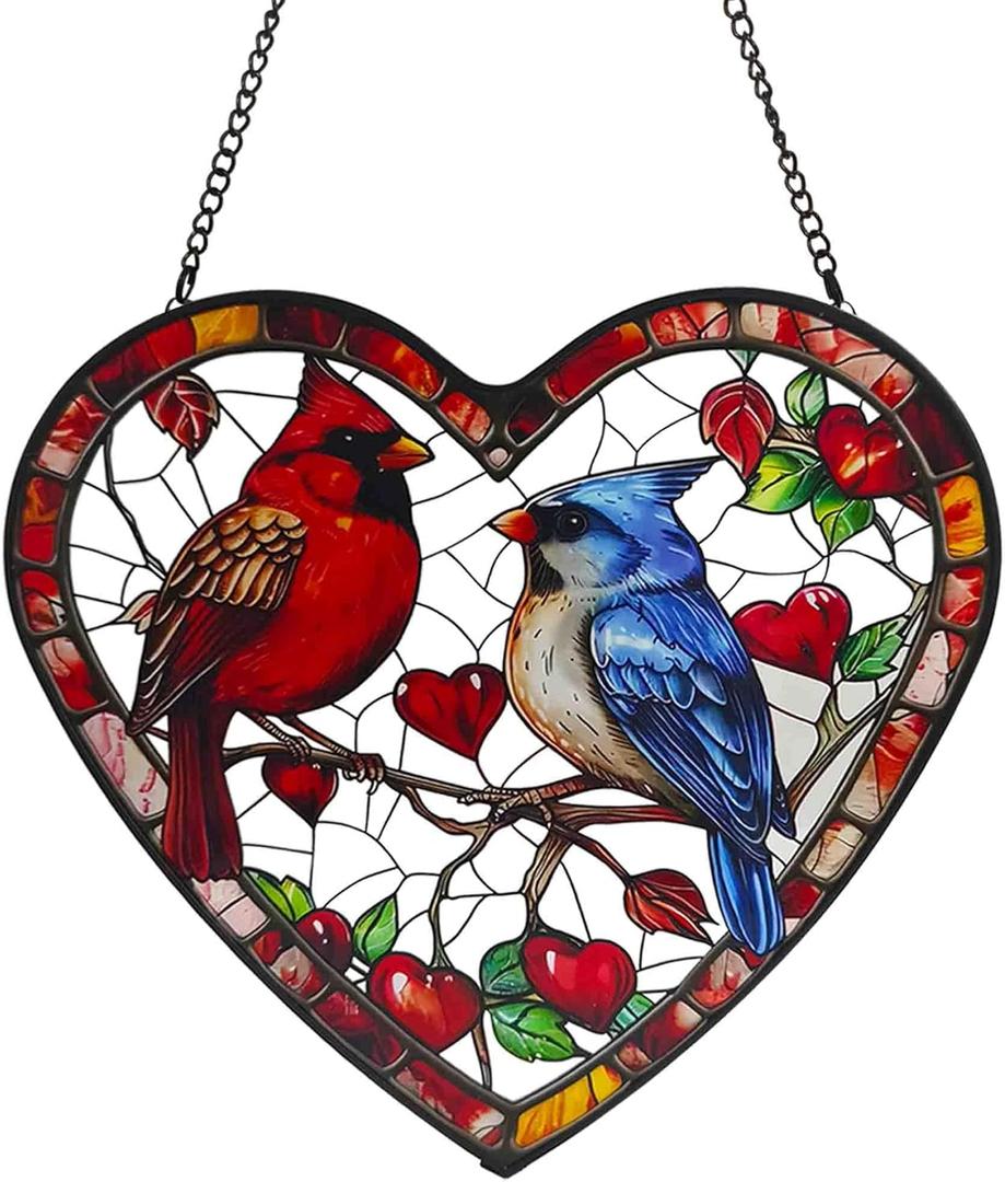 Heart-Shaped Stained Glass Window Hanging, 7.9 in Cardinal & Blue Jay Birds Sun Catcher Indoor Window Decor, Colorful Glass Art Panel for Home, Garden, Valentines Gift