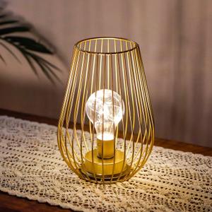 TRIROCKS Metal Battery Operated Lamp 8'' Tall Cage Shape Cordless Table Lantern with Warm Fairy Lights Bulb for Thanksgiving Christmas Patio Garden Wedding Parties Indoor Outdoor (Golden) (Single)