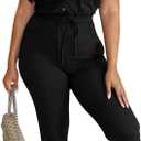PINSV 2 Piece Outfit For Women Short Sleeve Shirt Collar Front Button Top Drawstring Jogger Pants Casual Tracksuit (Black, XXL)