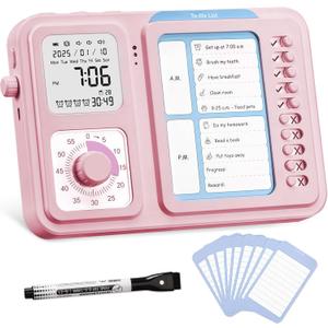 3-in-1 Visual Timer & ADHD Tool for Kids|Adults, Task Timer with Chore Chart Board, Visual Schedule for Kids with Autism, Daily Checklist for Home, School, Classroom, Desk (Pink)