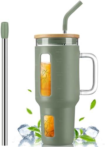 Kodrine 40 oz Glass Tumbler with Handle, Iced Coffee Tumbler with Straw and Bamboo Lid, Glass Drinking Cup with Silicone Sleeve Time Marker, Water Bottle Dishwasher Safe, Cup Holder Friendly, Olive