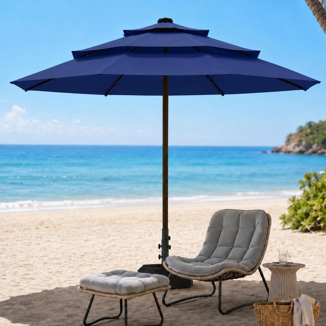 10ft Patio Umbrella, 3-Tier Vented Outdoor Table Umbrella with 8 Sturdy Fiberglass Ribs, Windproof Market Umbrella with Push Button Tilt and Crank, UV Protection for Deck, Pool, Navy Blue