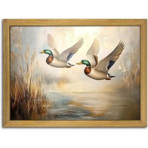 Vintage Mallard Duck Wall Art Painting, Framed Canvas Hunting Wall Decor Oil Paintings, Countryside Art Wildlife Nature Pond Landscape Print Picture for Living Room Bedroom Office Decor 12x16 inch