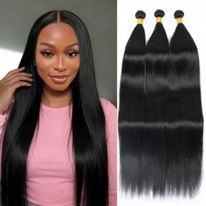 Brazilian Straight Hair Bundles, 30 30 30 Inch Sew In Weft Hair Extensions, Protein Fiber Soft as Human Hair Bundles Double Weft Natural Black Silky 3 Bundles for Quick Weave Braids Ponytail Wigs