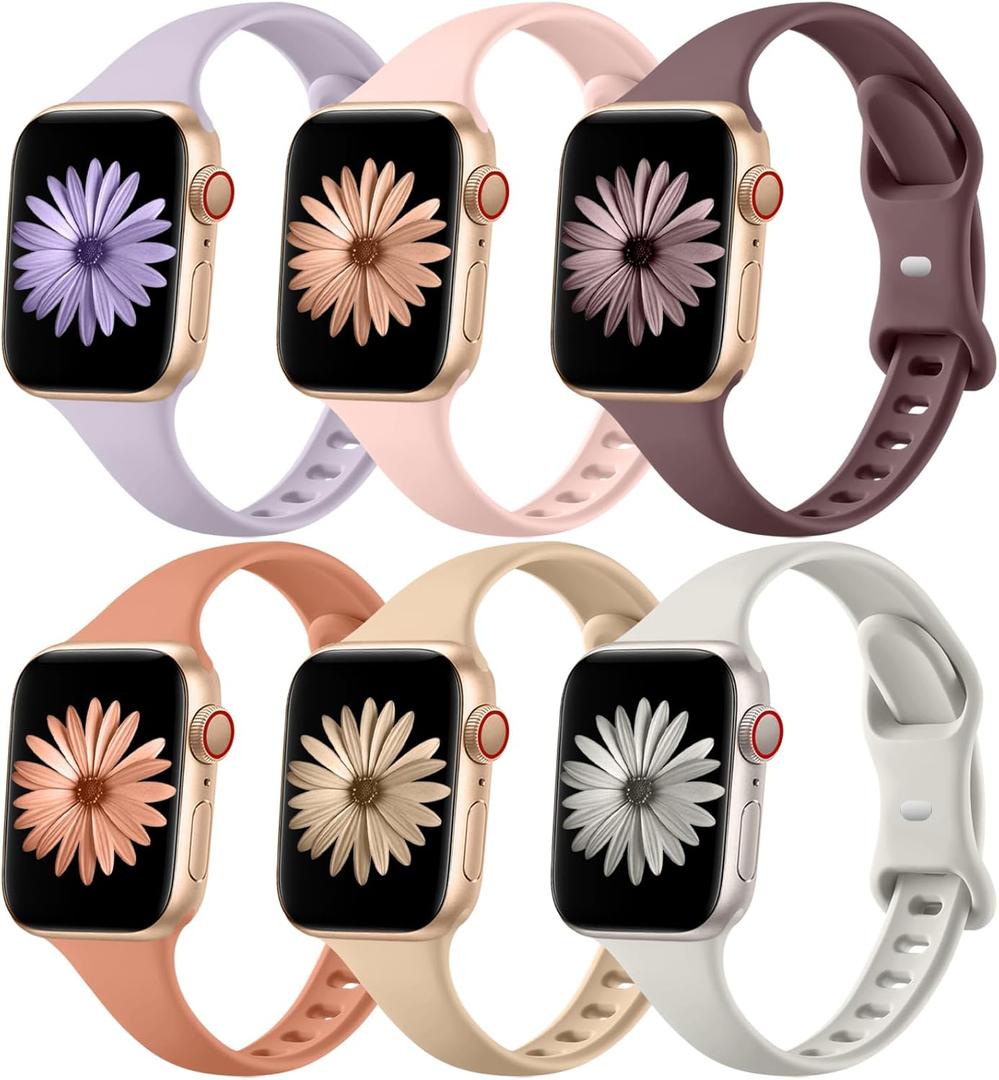 Lerobo 6 Pack Thin Slim Bands Compatible with Apple Watch 38mm 40mm 41mm 42mm 44mm 45mm 46mm 49mm for Women Men, Soft Silicone Sport Strap Wristband for iWatch Series 11 10 9 8 7 6 5 4 3 Ultra SE (Smoke Violet/Pink/Brown/Milk Tea/Beige/Light Purple)
