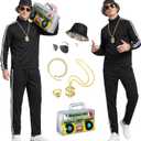 80s 90s Outfit for Men Tracksuit Costume,Hip Hop Outfit,8Pcs Retro Disco Themed Party Costume Track Suit Sportswear, Large