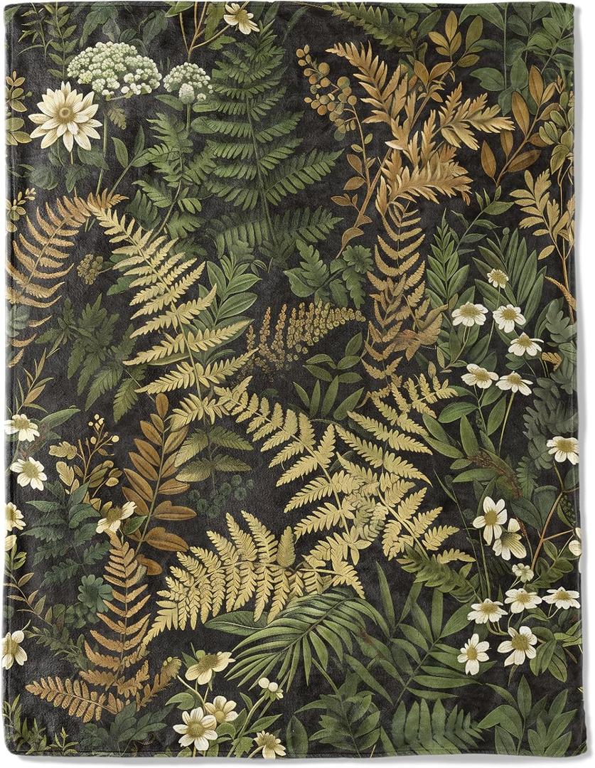 Botanical Flannel Blanket - Lightweight Soft Cozy Unique Gifts Blankets for Nature Lovers,Kids,Adult,Women,Wildflower Plant Fern Leaves Throw,Home Room Modern Forest Decor 50x60in