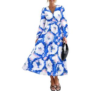 PRETTYGARDEN Women's Floral Midi Dress Casual Fall V Neck Long Sleeve Flowy Spring Beach Wedding Guest Vacation Dresses (Blue, XXL)
