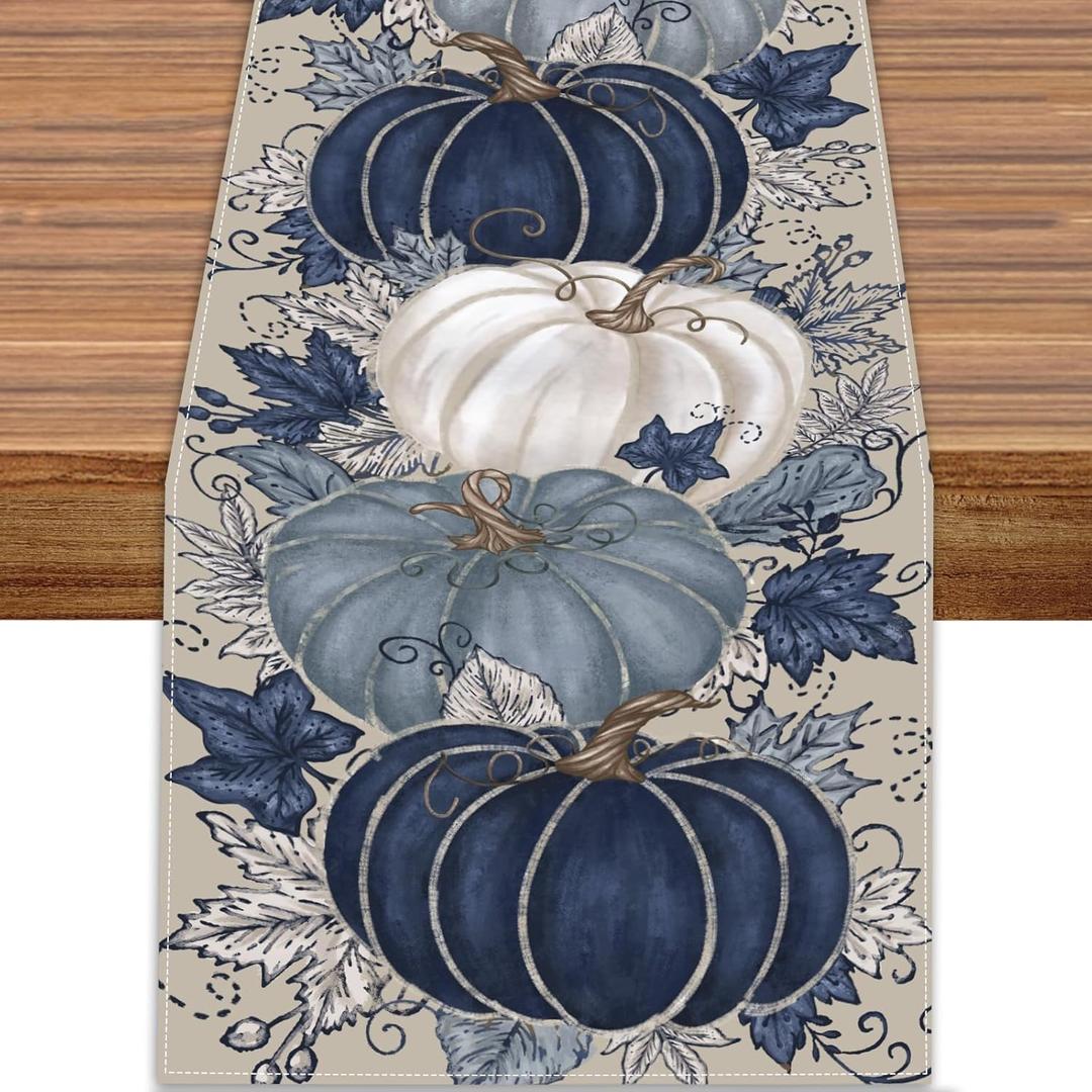 Heirloom Haven Fall Thanksgiving Table Runner, Blue Vintage Pumpkin Maple Leaf Decorative Autumn Harvest Seasonal Table Runner for Farmhouse Kitchen Dining Indoor Home Party Decorations 13x90 inches