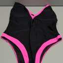 Color Block Swimsuit, Plunge V Neck High Cut, Pool Party Vacation, Sexy Backless One Piece Bathing Suit Cheeky Size Large, Black Neon Pink 