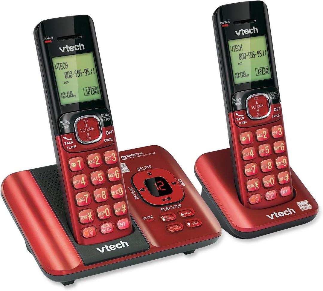 VTech CS6529-26 2-Handset Cordless Phone with Answering Machine, Caller ID/Call Waiting, DECT 6.0, Handset Speakerphone, Red