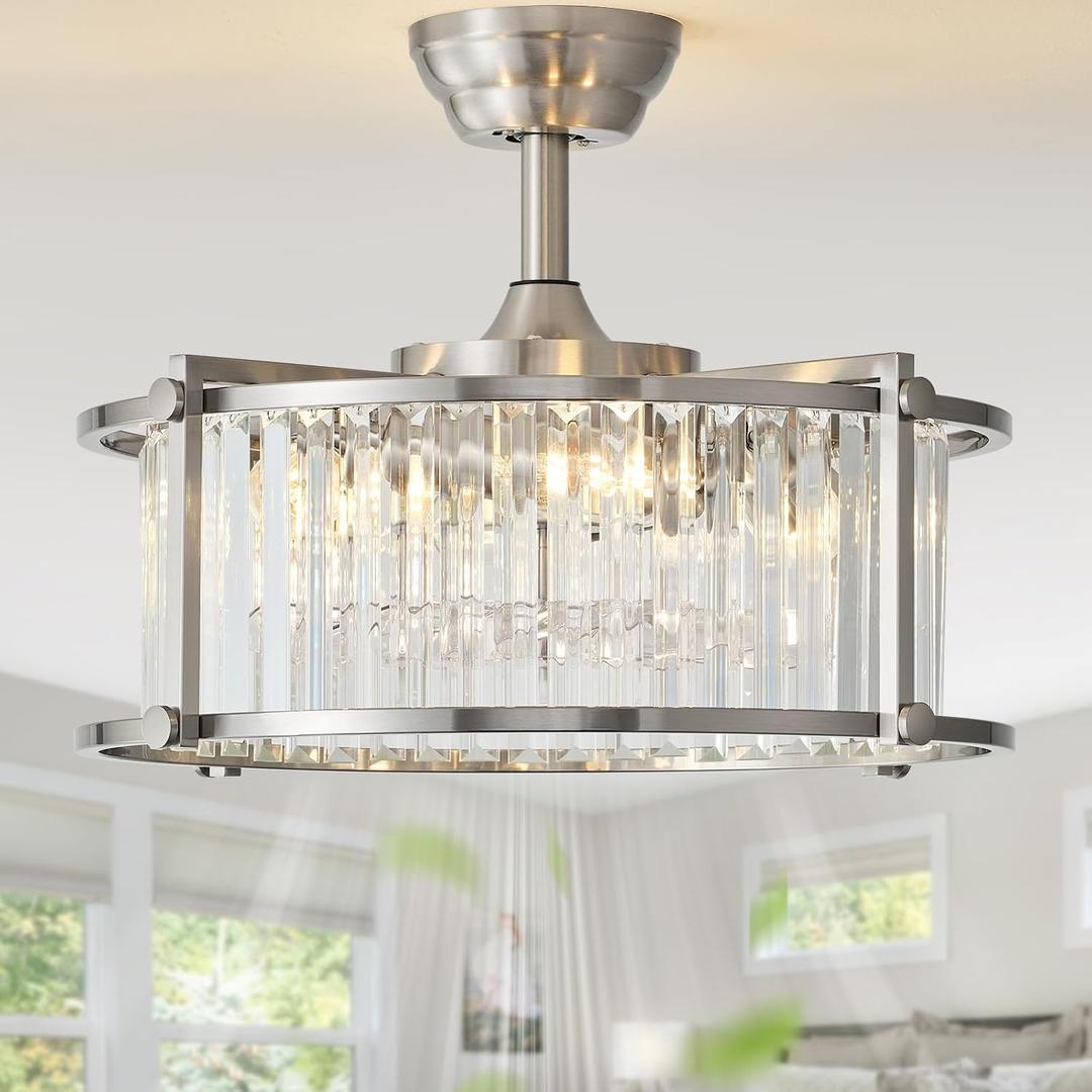 20" Silver Crystal Fandelier Ceiling Fans with Lights, Silver Crystal Industrial Chandelier Ceiling Fan with Light and Remote, Caged with 6 Speeds for Bedroom, Nursery, Living Room