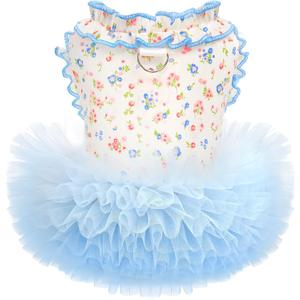Floral Dog & Cat Dress with Tutu Skirt - Breathable Stretch Pet Clothes for Small Dogs Girl Cats & Puppies Birthday Party Outfit (Blue,Blue,Large)