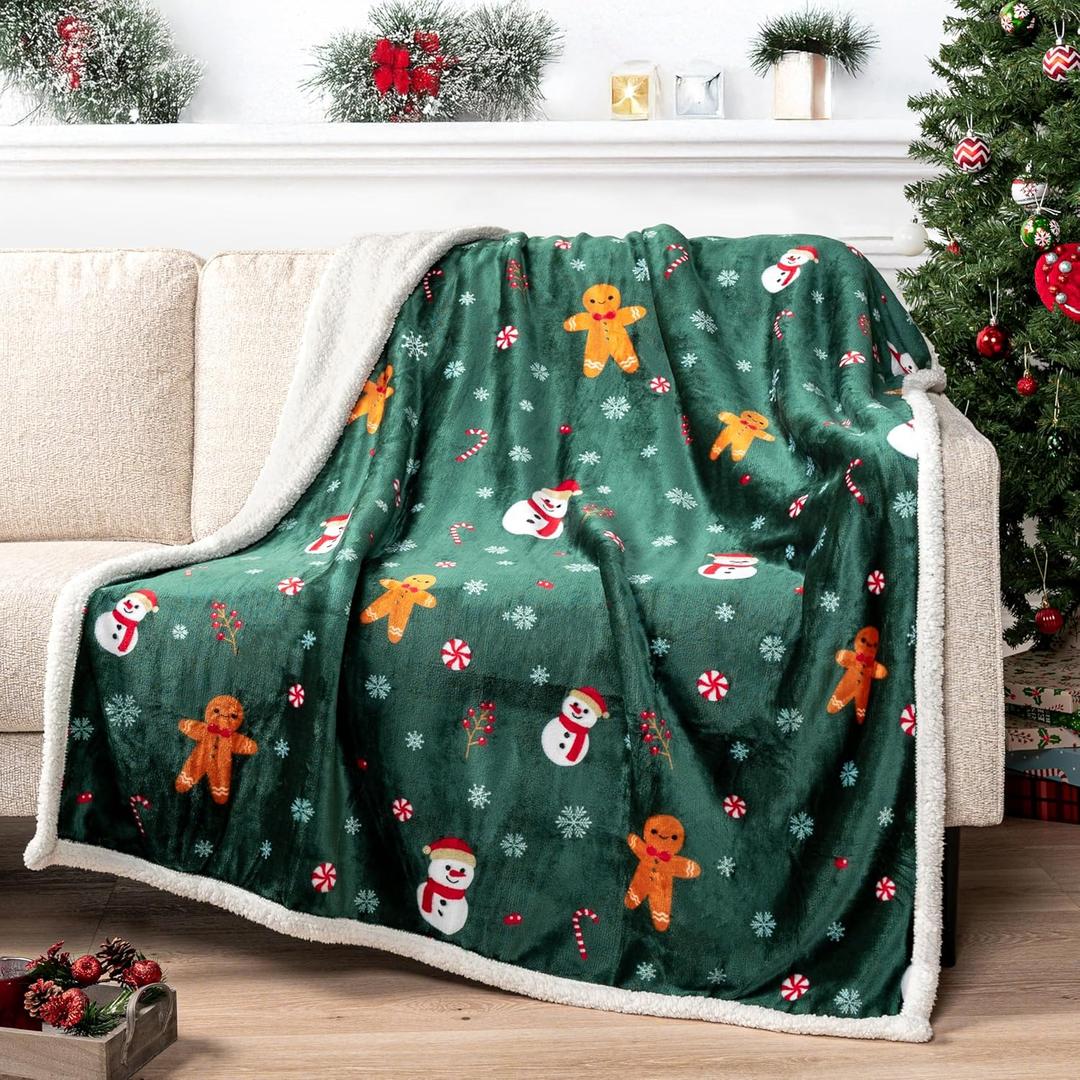 PAVILIA Green Christmas Sherpa Throw Blanket, Gingerbread Snowman Holiday Pattern, Soft Reversible Fleece & Sherpa 50x60 Winter Blanket for Couch & Bed, Cozy Christmas Decor
