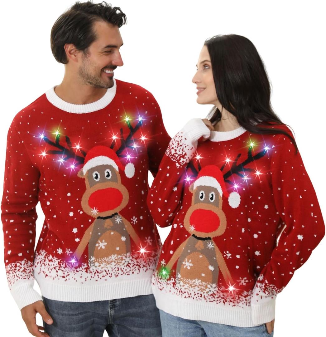 Ugly Christmas Sweater Women Men 2025,Light Up Christmas Sweater for Couples,Funny Reindeer Xmas Tacky Pullover Cute (3X-Large, Red Elk)