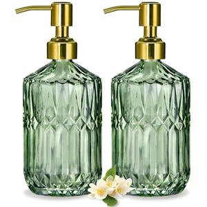 COHOSEGE 17 Oz Green Glass Kitchen Soap Dispenser for Dish Soap, 2 Pack Bathroom Soap Dispenser Set with Gold Rust Proof Pump for Lotion, Hand soap or Body Wash