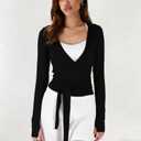 Women Crop Wrap Top Thumb Hole Long Sleeve Active Self Tie Workout Shirt Ballet Pilates Yoga Wrap Tops (Black, S)