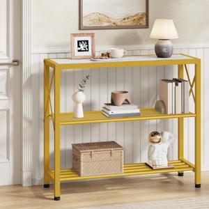 Hoctieon Industrial Console Table, 3 Tier Entryway Table, Metal Frame, Sofa Tables with Shelf, Hallway Desk, Entrance Tables for Entryway, Living Room, Foyer, Hallway, Gold and White