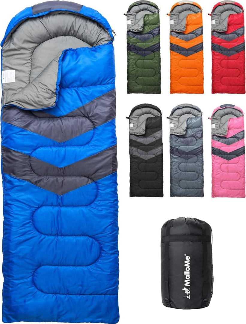 MalloMe Sleeping Bags for Adults Cold Weather & Warm - Backpacking Camping Sleeping Bag for Kids 10-12, Girls, Boys - Lightweight Compact Camping Essentials Gear Accessories Hiking Sleep Must Haves (50-80F Everyday 3 Season - Blue)