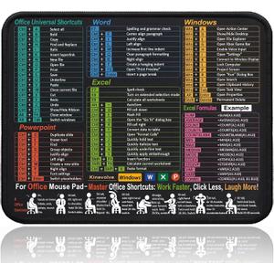  Excel Cheat Sheet Desk Pad Mouse Pad with Shortcuts, Excel Small Mouse Pad, 11.6x9.8 Inch Non-Slip Waterproof Office Mat for Excel/Word/PowerPoint/Windows, Portable Durable Clear Printing, Black