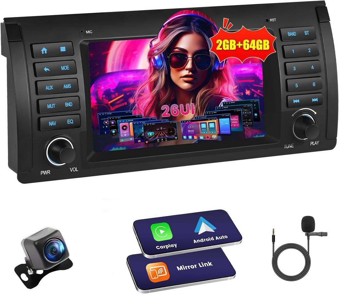 [2G+64G] Android Car Stereo for BMW 5 Series E39 1996-2003 (E39)/BMW X5 E53 2002-2007/BMW M5 1996-2003 with Wireless Carplay Android Auto, 7 Inch HD Touch Screen with GPS WiFi Bluetooth FM/RDS