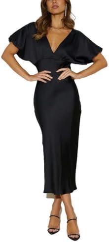Satin V Neck Puffy Sleeves Silk Midi Dresses Empire Waist Elegant Tie Back Formal Cocktail Dress for Women Wedding Guest XL