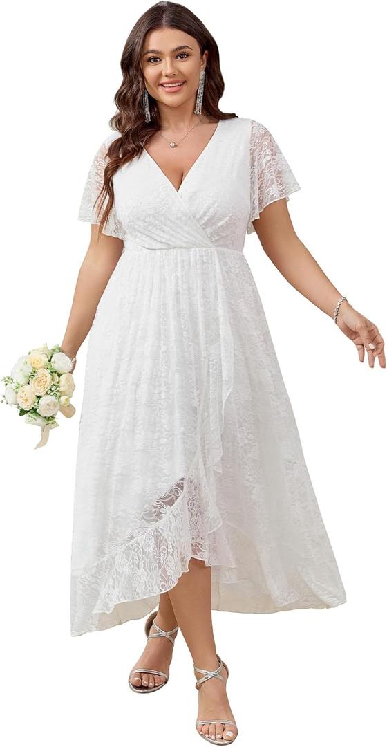 SCOMCHIC Womens Plus Size Wedding Guest Dress Formal Lace Wrap V Neck High Low Short Sleeve Cocktail Maxi Dresses (White, XXL)