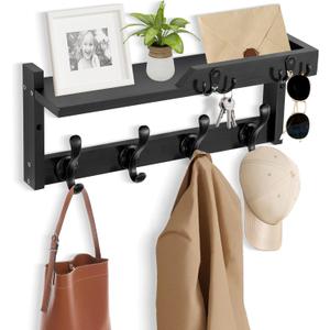 Coat Rack Wall Mount with Shelf, Coat Hanger Wall Mount with Key Hooks and Mail Holder, Wood Entryway Floating Shelf with Hooks and Storage, Hat Rack for Wall Key Holder Mail Organizer (16.6 Inch Long, Black)