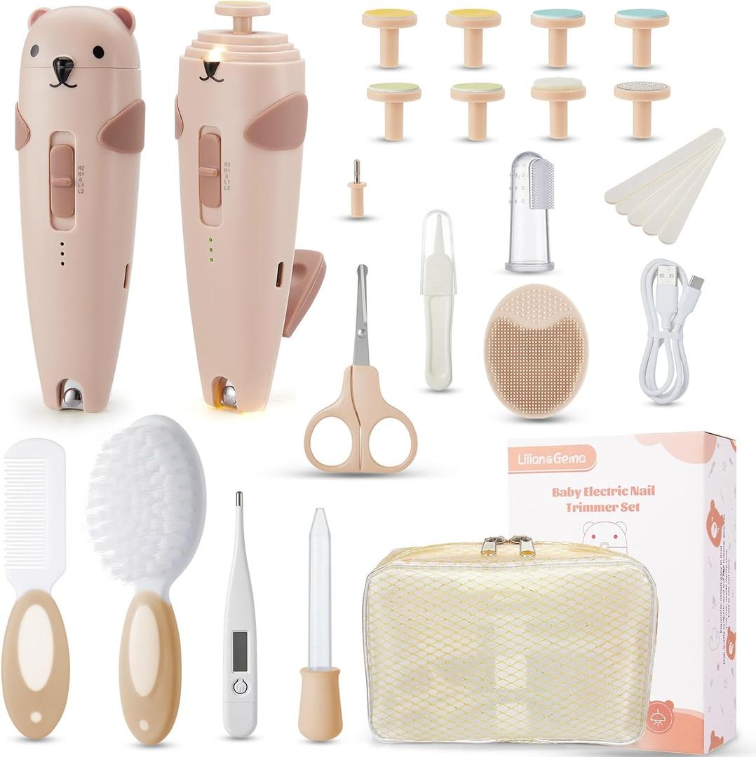 Lilian&Gema Baby Healthcare and Grooming Kit, 28-in-1 Rechargeable Nail Trimmer Electric Set, Dual Auto Light Baby Nail Care Kit, Portable Newborn Nursery Health Care Set for Infant Toddlers Boy Girl (Brown)