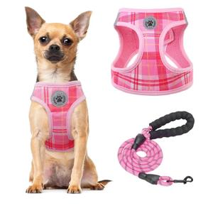 BEAUTYZOO Small Dog Harness and Leash Set, Step in No Choke No Pull Soft Mesh Dog Harnesses Reflective for Small Medium Puppy Dogs and Cats, Plaid Dog Vest Harness for S M Pets, Light Pink L